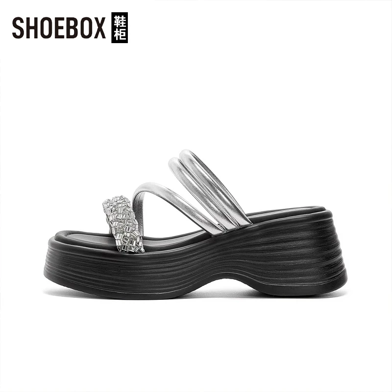 SHOEBOX鞋柜厚底两穿增高一字拖外穿2025夏季凉鞋女百搭沙滩鞋