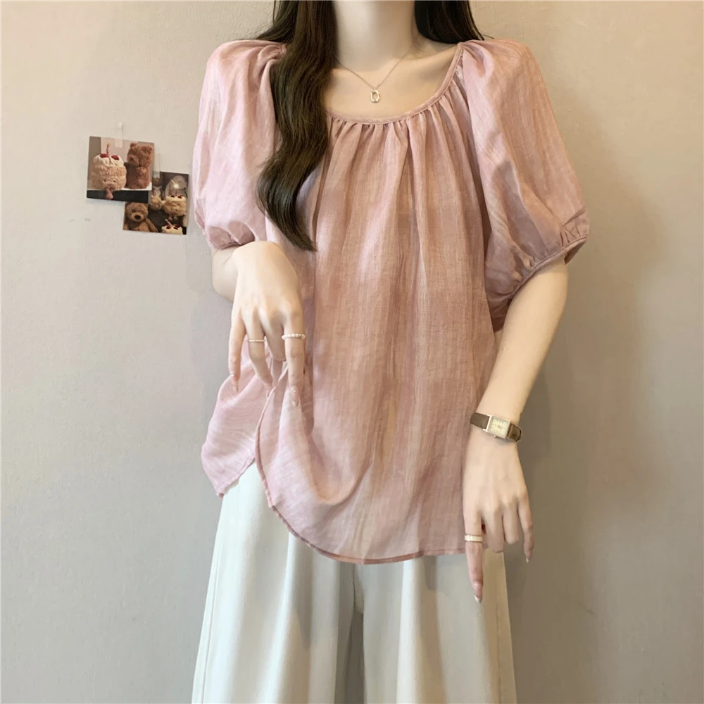 大码法式气质减龄泡泡袖衬衫女夏季胖MM宽松显瘦遮肚子薄款上衣