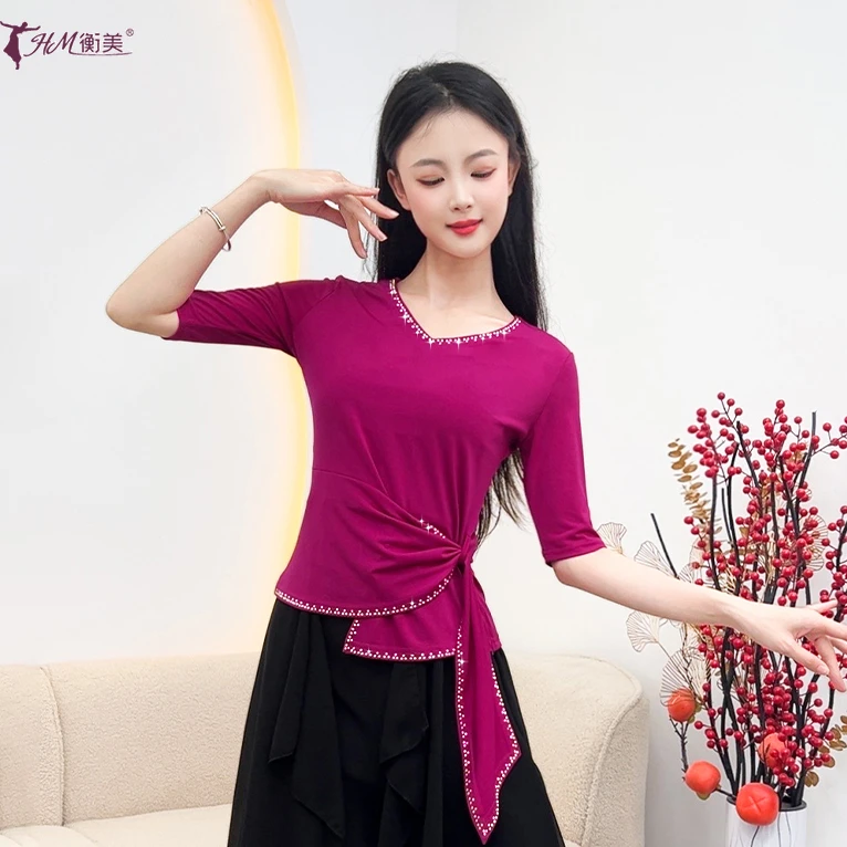新款古典舞练功服时尚烫钻桃心领中袖成人女上衣绑带式现代舞蹈服