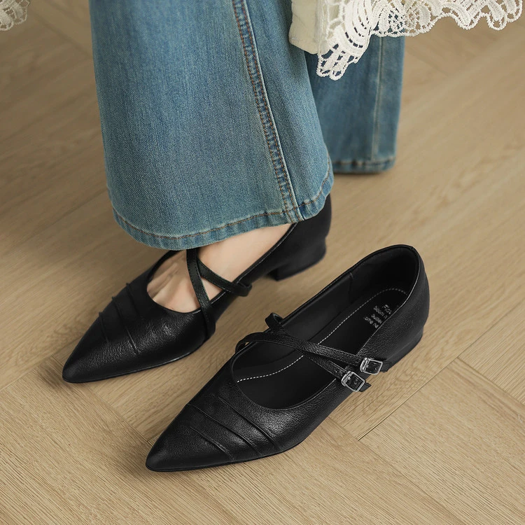 法式内褶皱黑色玛丽珍2025春季百搭尖头一字复古单鞋低跟浅口女鞋