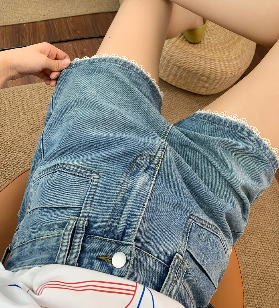 蕾丝花边a字牛仔短裤女2025夏季新款小个子百搭高腰显瘦阔腿短裤