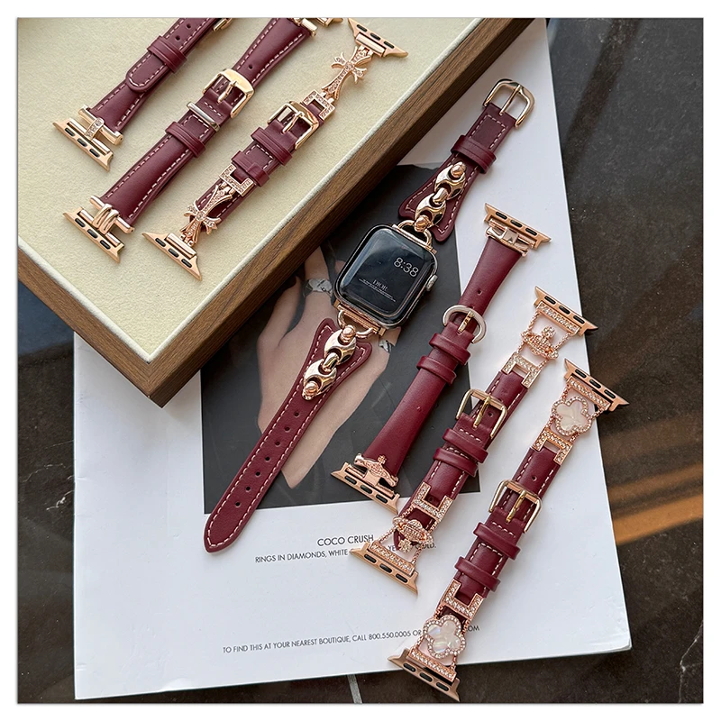 适用苹果iwatchS11S10四叶草土星克罗心玫瑰金安格拉红真皮质表带