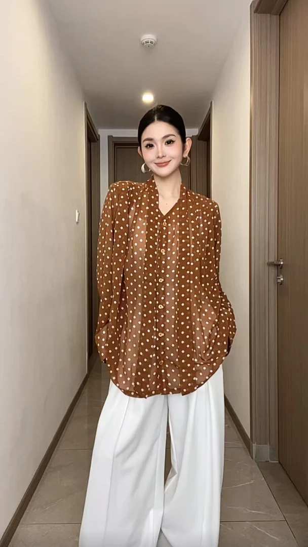 2025新款V领波点上衣女简约时尚通勤气质飘带设计衬衫