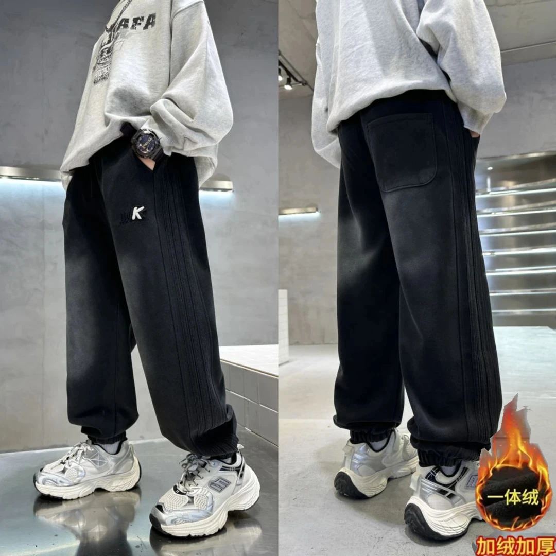 男童加绒秋冬款加厚裤子运动裤一体绒束脚卫裤中大童长裤保暖