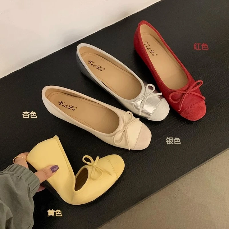 内增高鞋子春夏新款黄色单鞋芭蕾鞋法式温柔蝴蝶结女鞋浅口鞋瓢鞋