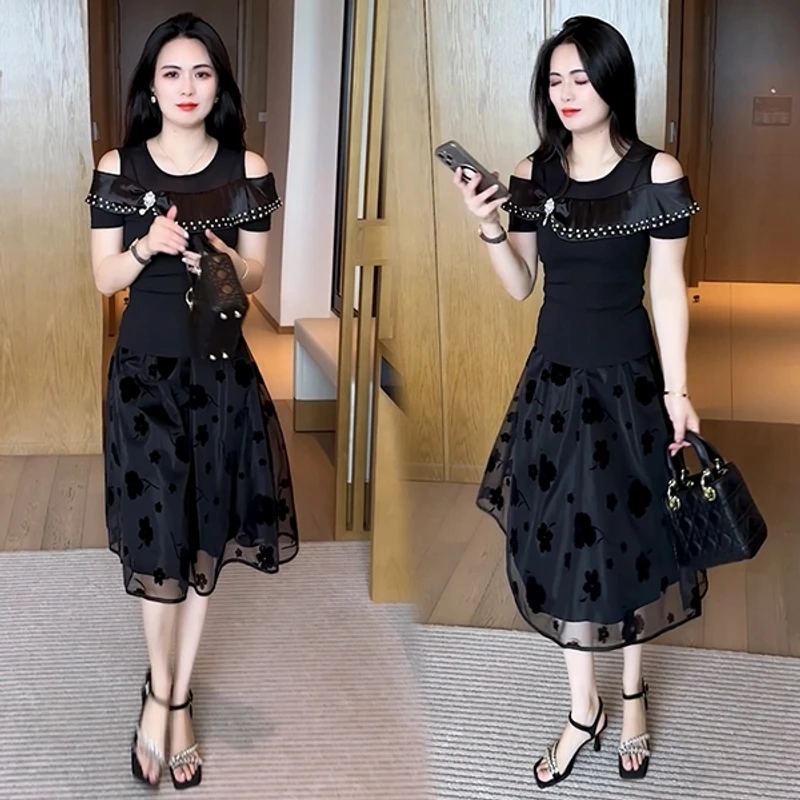 休闲风时尚上衣静奢风拼接露肩T恤职场新中式夏季通勤风