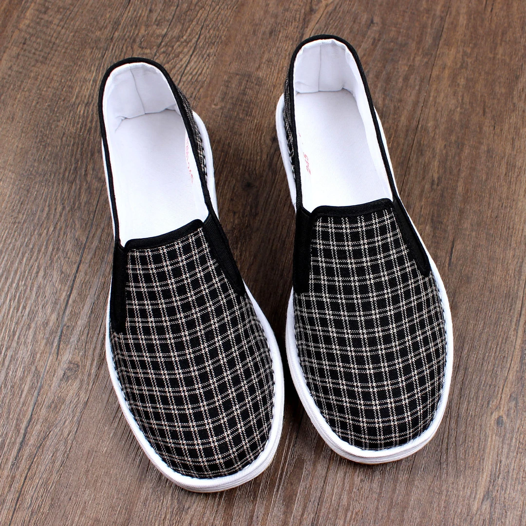 2025新款老北京布鞋男款夏季透气软底格子千层底一脚蹬耐磨牛筋底