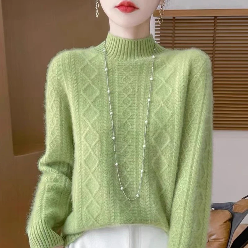 100纯羊毛女秋冬纯色半高领百搭毛衣宽松时尚羊绒加厚针织打底衫