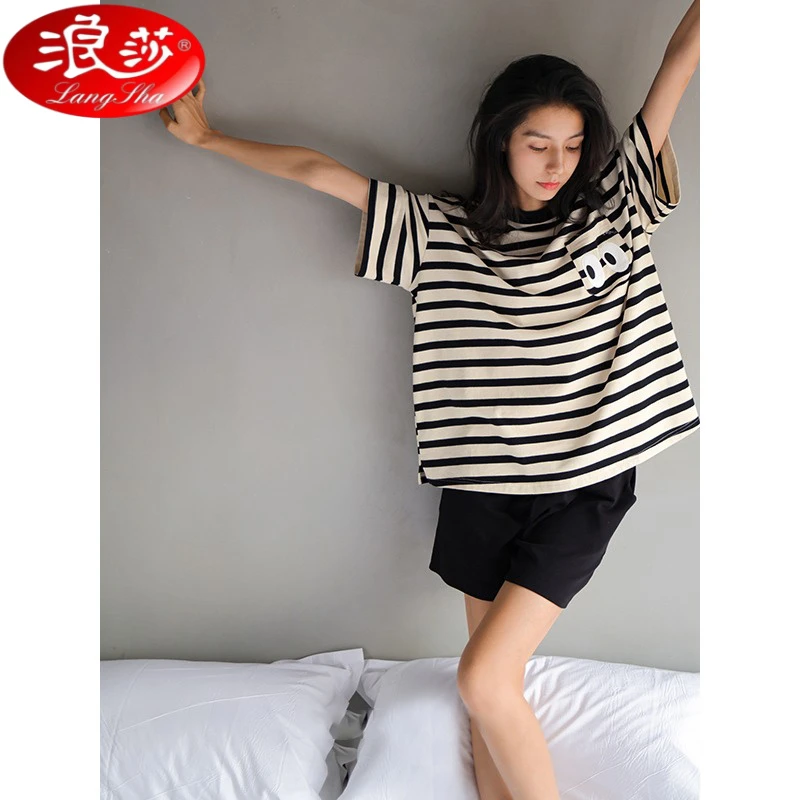 浪莎夏季睡衣女士短袖短裤基础款条纹简约少女宽松大码家居服休闲