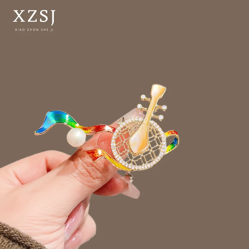 铜锆石胸针 新中国风敦煌艺术琵琶胸花女高档设计感旗袍别针配饰