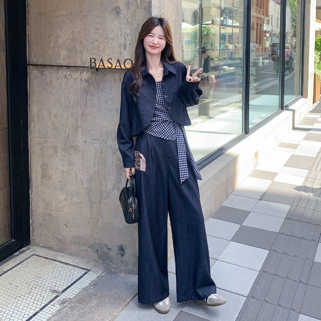 盐系一整套休闲ootd穿搭女2025年春秋韩系吊带短外套阔腿裤三件套