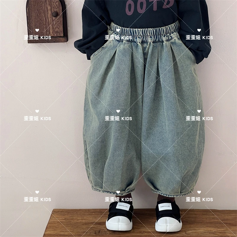 【歪歪妞童装】3562儿童复古森系极简宽松慵懒风牛仔裤灯笼裤九分裤