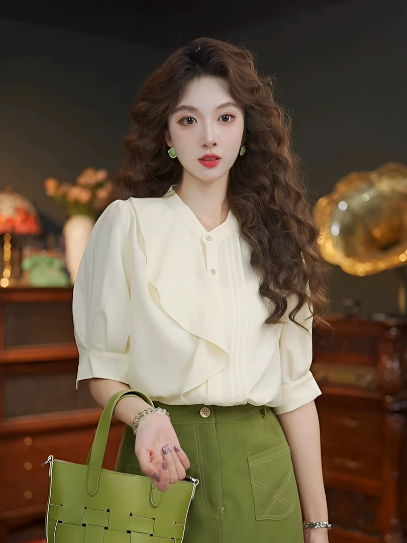 荷叶边短袖衬衫女夏款2025新款爆款夏季洋气小衫法式气质雪纺上衣