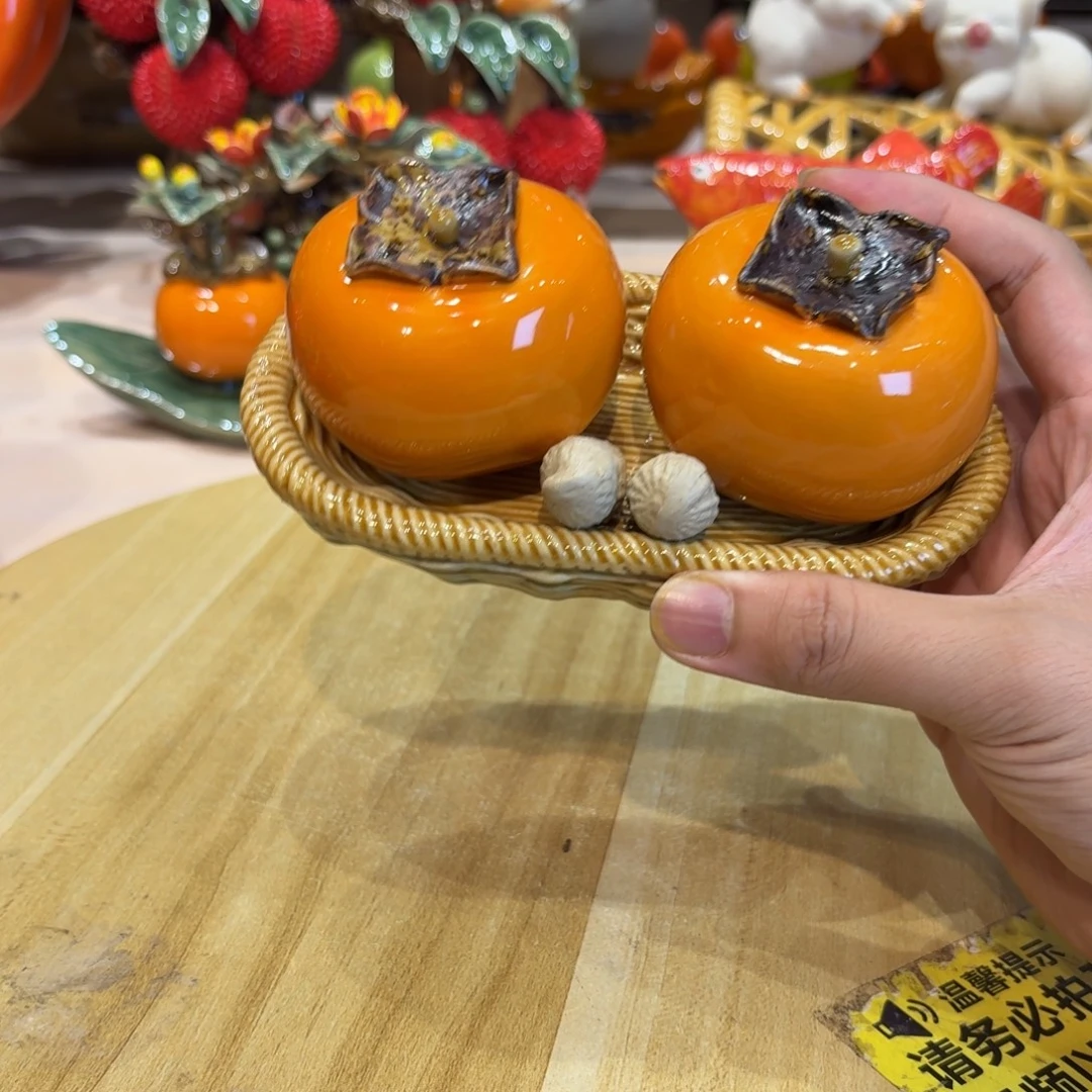 陶土柿子蓝子摆件