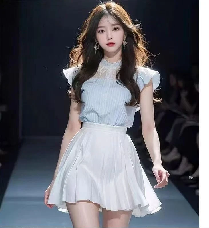 夏季新款通勤高腰盐系轻熟蓝色条纹衬衫半身裙两件少女风裙子套装