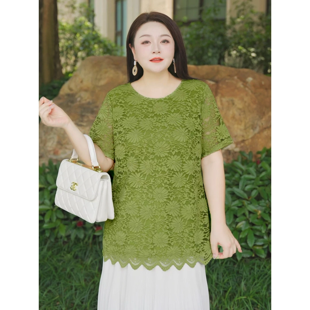 MsShe大码女装夏装优雅气质提花蕾丝圆领短袖小衫B2507033