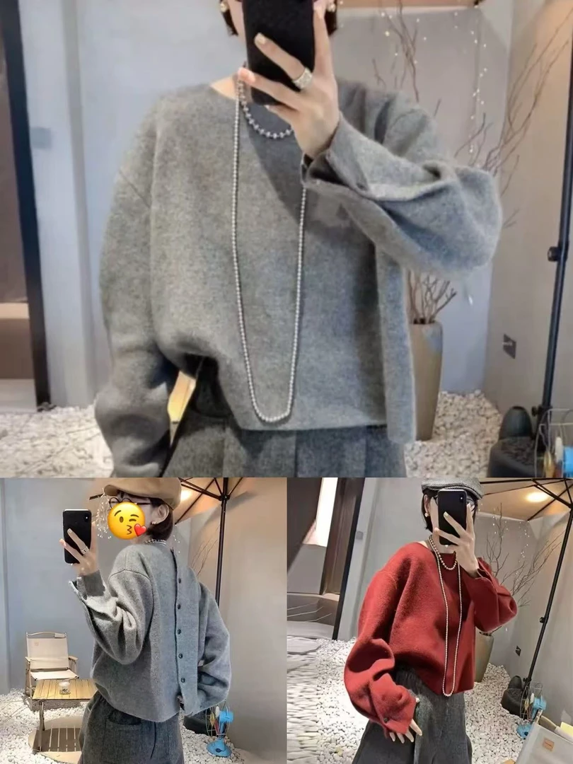 时尚气质轻熟风灰色针织衫女春秋设计感后背单排扣开衫毛衣打底衫