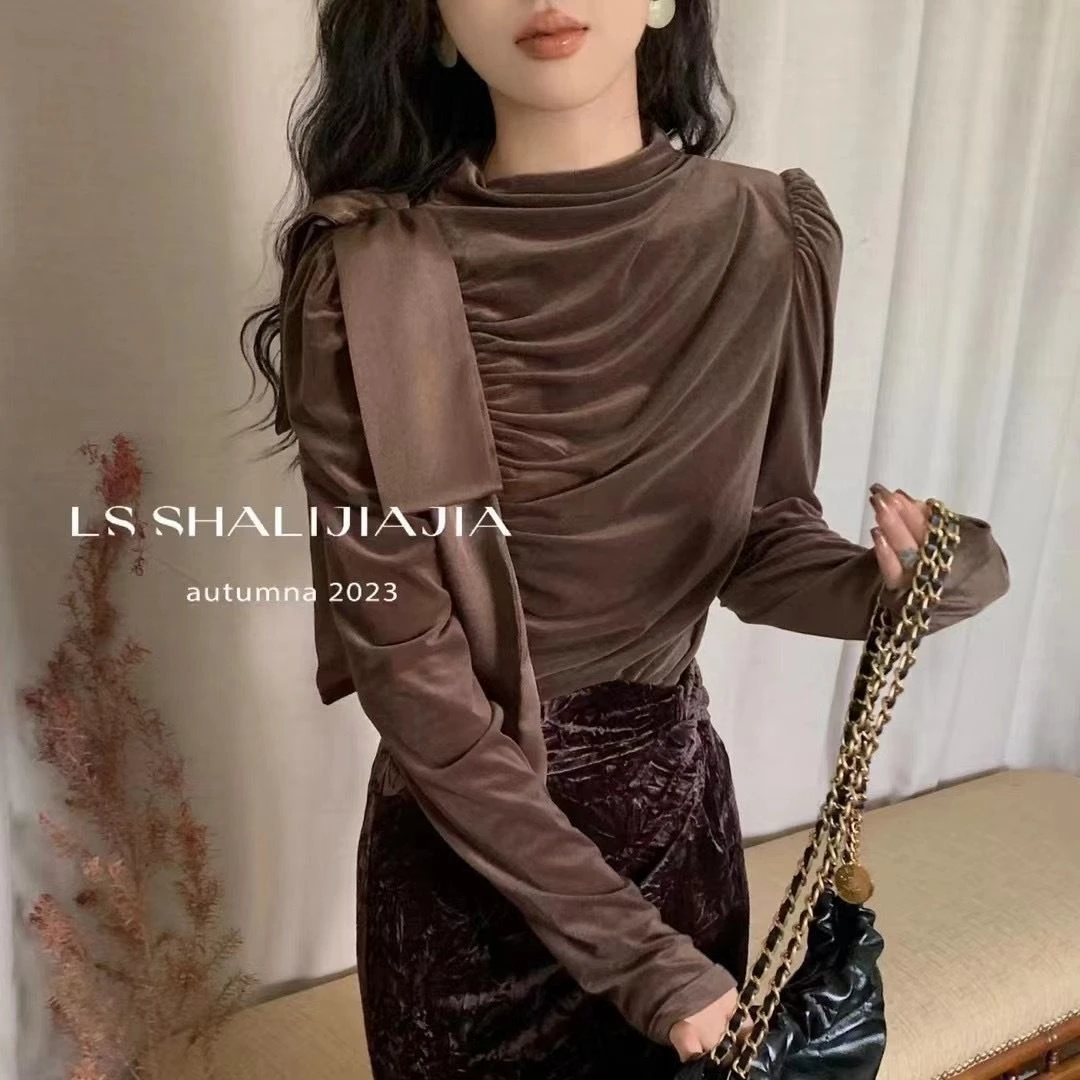 名媛法式泡泡袖蝴蝶结衬衫女秋冬纯欲半高领上衣金丝绒打底衫内搭