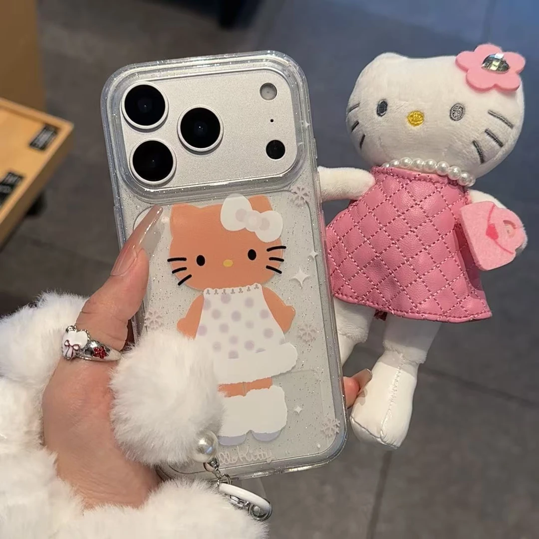 GGBond雪花KT猫毛球挂绳适用苹果17闪粉手机壳16华为vivo小米oppo