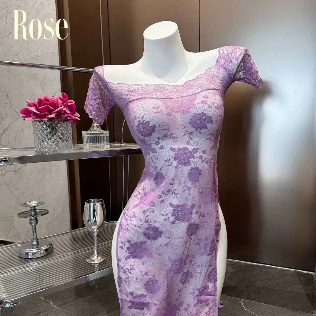 晚瑰·Rose 小妈*纯欲性感一字肩蕾丝连衣裙御姐收腰辣妹连衣裙