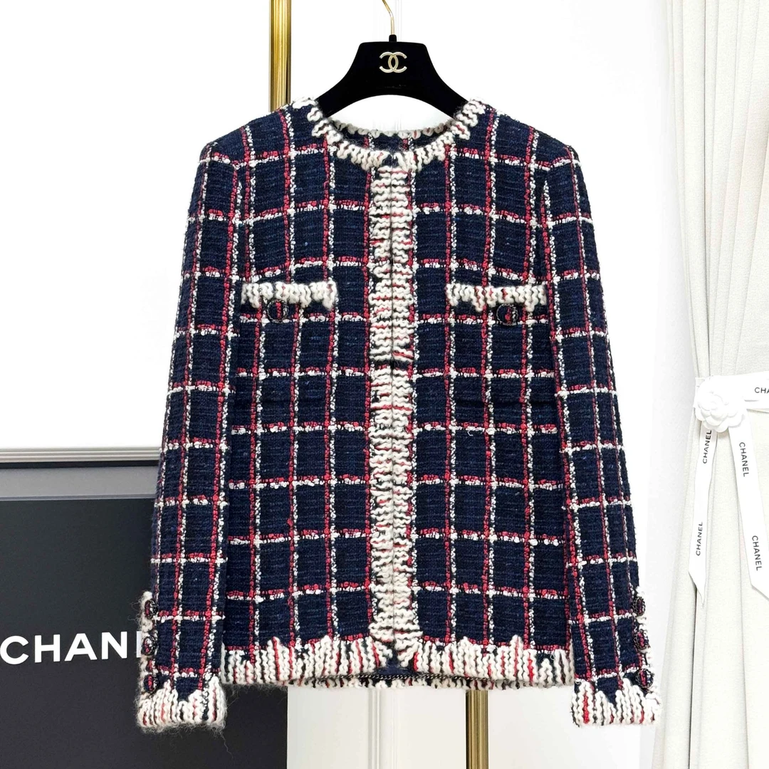 99新 Chanel/香奈儿 38码藏蓝色拼红色拼白色 格纹长袖 编织 外套