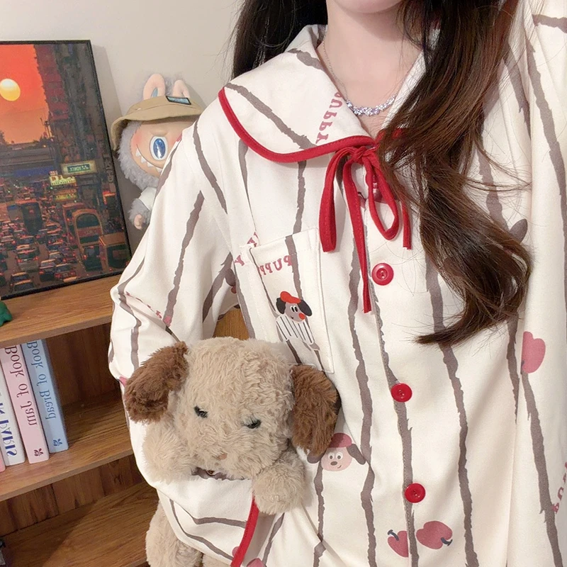 睡衣女棕条苹果黑皮秋冬季德绒长袖长裤韩版甜美加厚家居服两件套