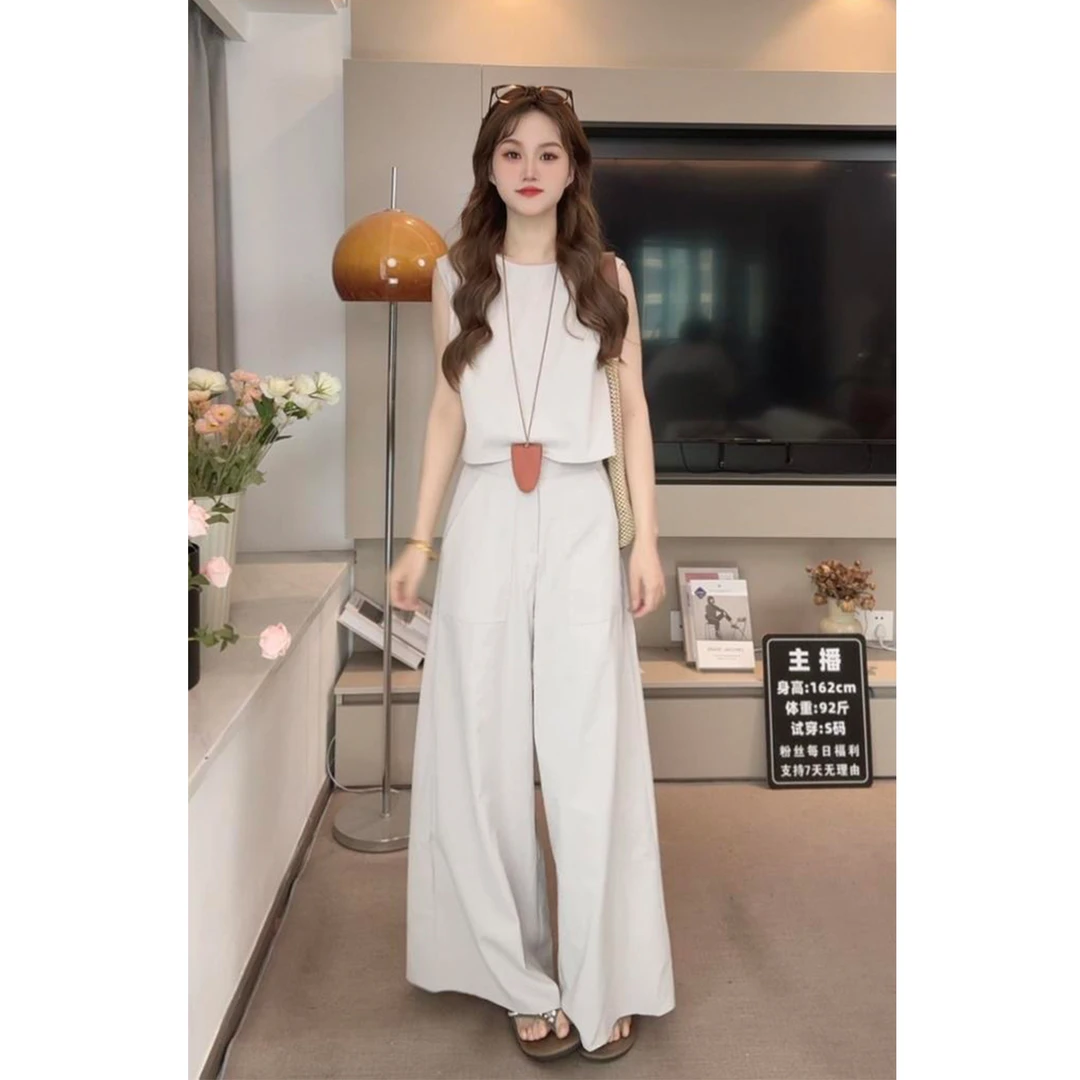 夏季新款两件套短款高腰阔腿裤时尚显瘦气质