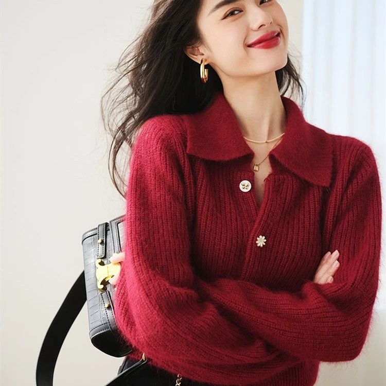 温柔风软糯红色polo领女春秋小香风毛衣外穿短款针织红色外搭开衫