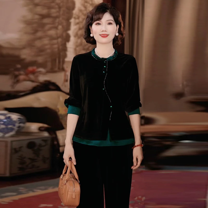 2025秋季新款新中式黑色丝绒长袖上衣中老年妈妈装时尚洋气两件套