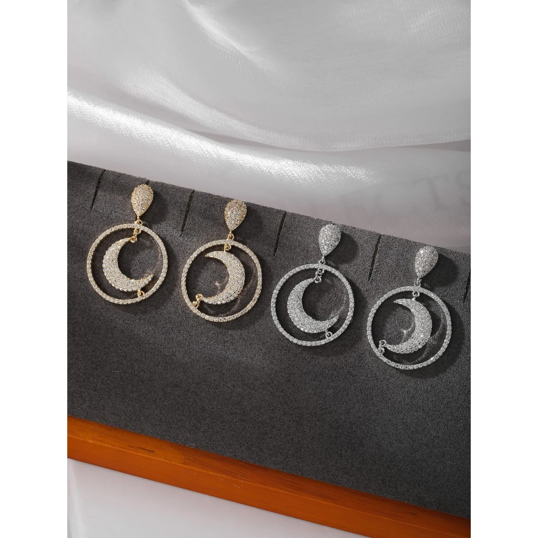 合金合成锆石耳饰 3802高级轻奢时尚几何月亮流苏耳饰