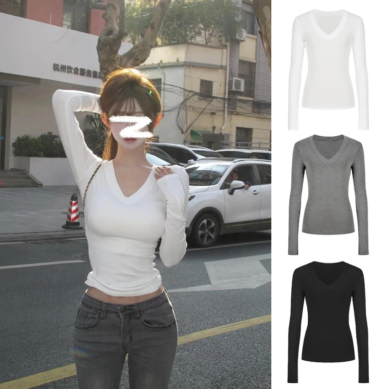 白色正肩修身显瘦掐腰深V领长袖t恤女春季辣妹露锁骨内搭修身上衣