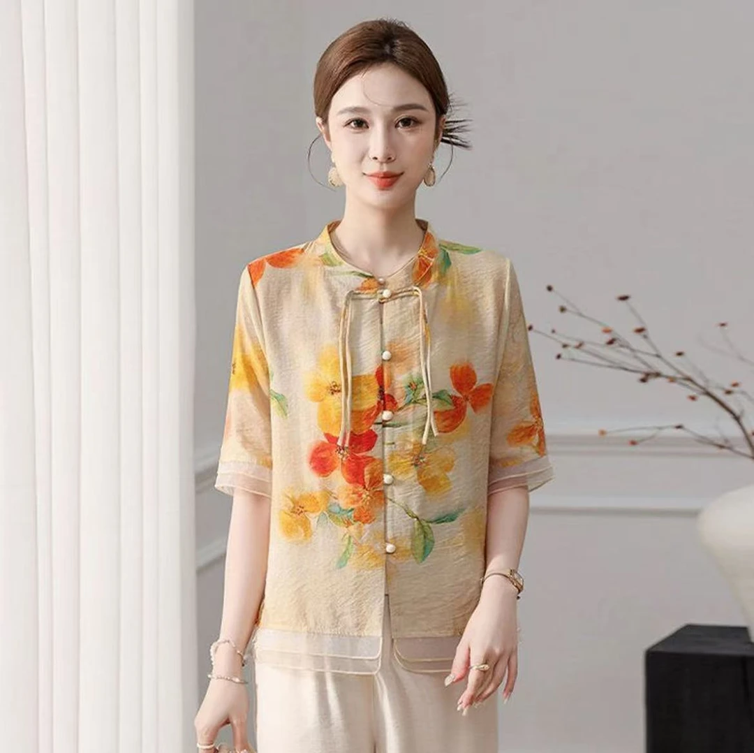 1074-女装宽松衬衫短袖上衣洋气时尚复古小衫气质