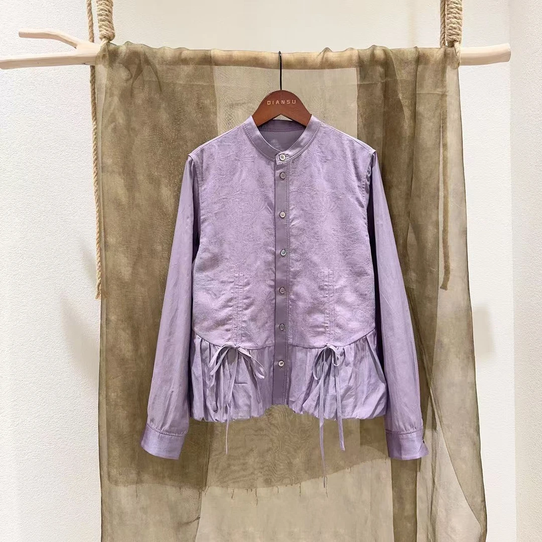 样衣不退换！丝棉提花减龄系带衬衣立领B212441