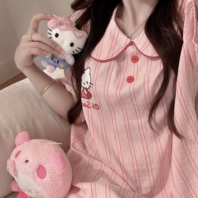 粉色条纹kitty睡裙女夏季2025年新款可爱甜妹风短袖泡泡棉家居服
