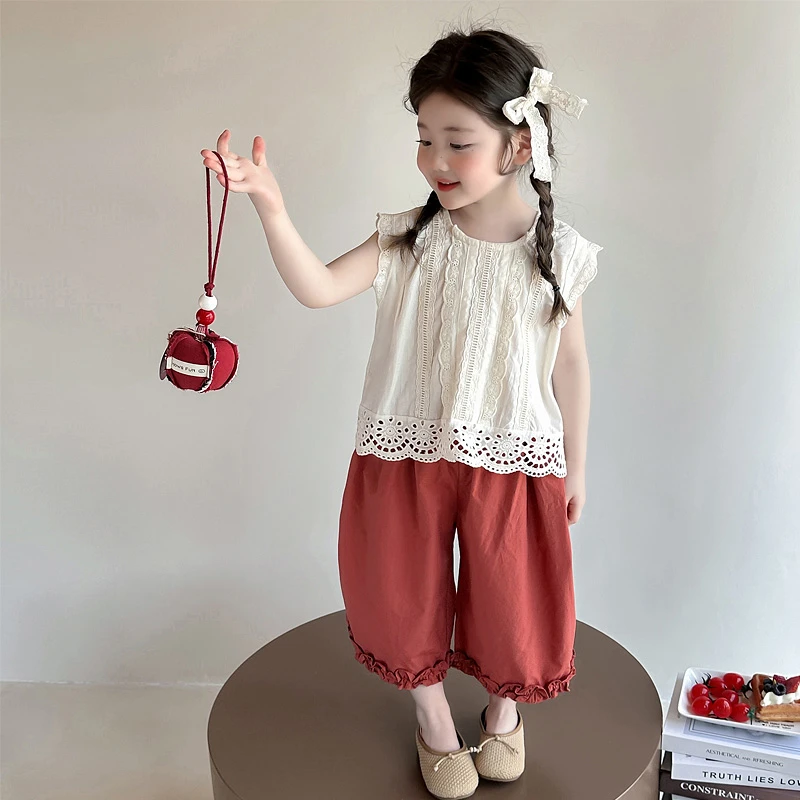 女童夏季无袖套装新款儿童休闲夏款阔腿裤宝宝花边衬衫薄款两件套