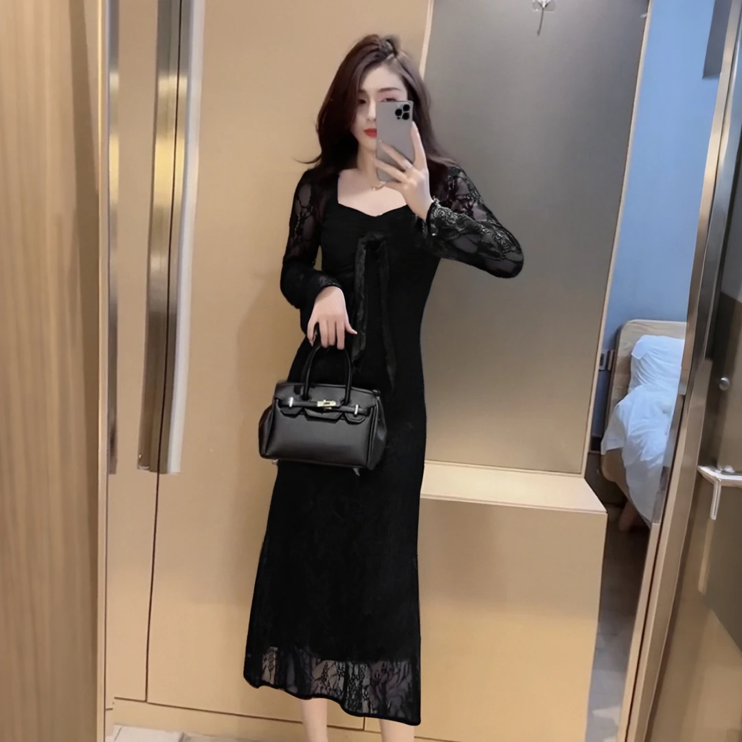 A【有里布】法式蕾丝拼接连衣裙女长袖领修身显瘦包臀温婉裙D3349