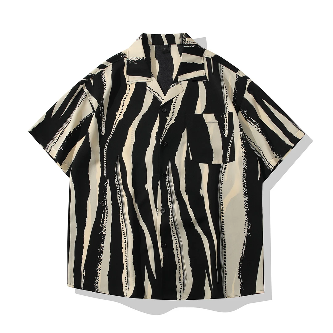 复古条纹夏季冰丝衬衫男士短袖薄款高级痞帅衬衣透气垂感宽松男装