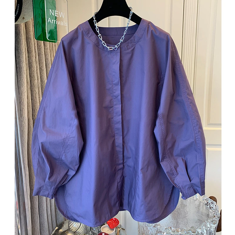 春秋新款紫色气质长袖衬衫上衣女胖MM大码减龄小衫遮肉显瘦潮流爆