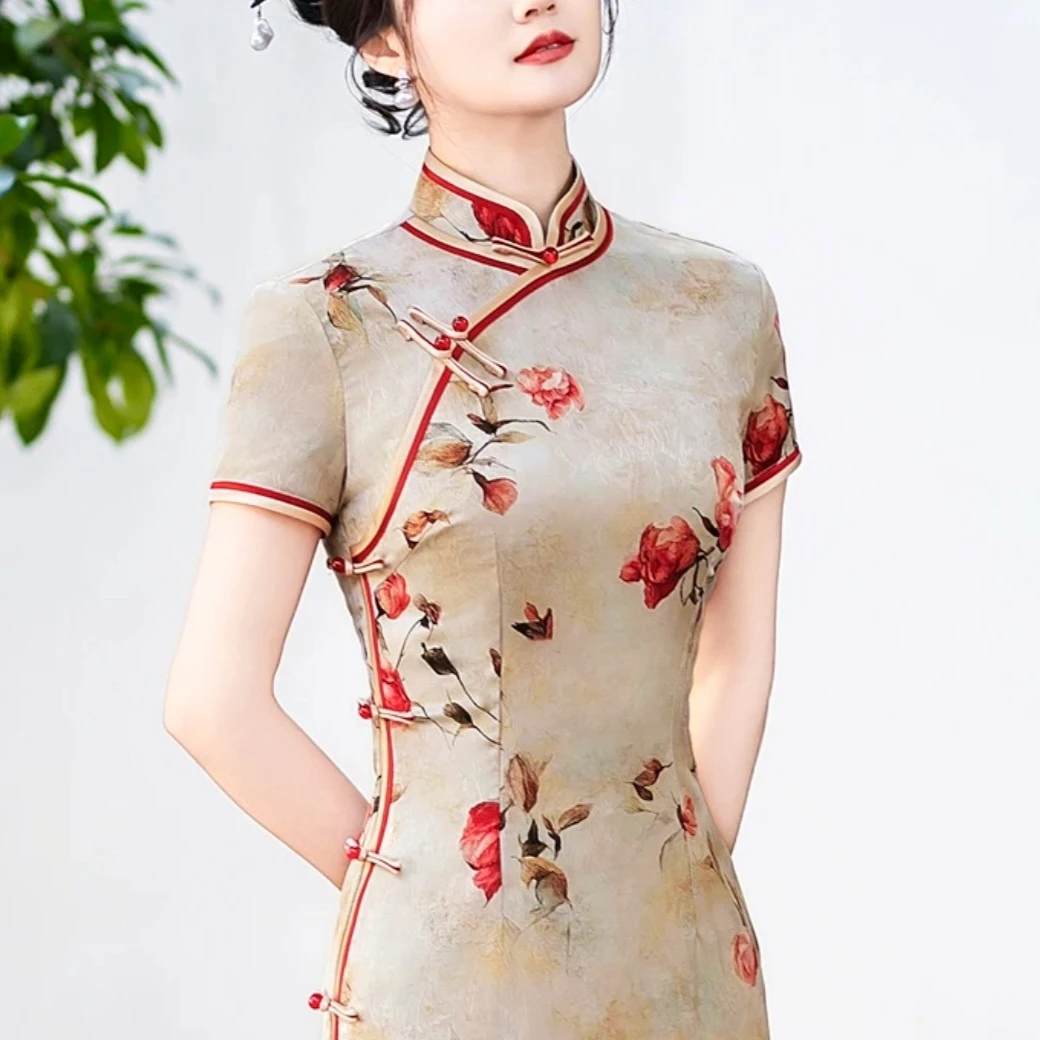 中长款长裙日常三分袖中式旗袍印花新中式短款修身