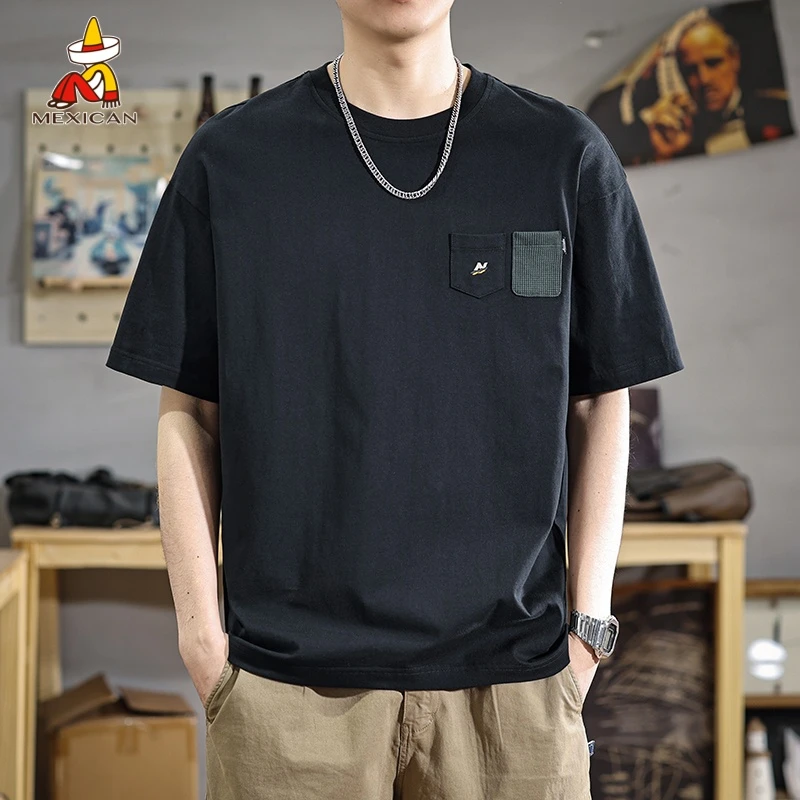 Mexican/稻草人夏季重磅纯棉短袖男款T恤美式复古宽松男士体恤潮t