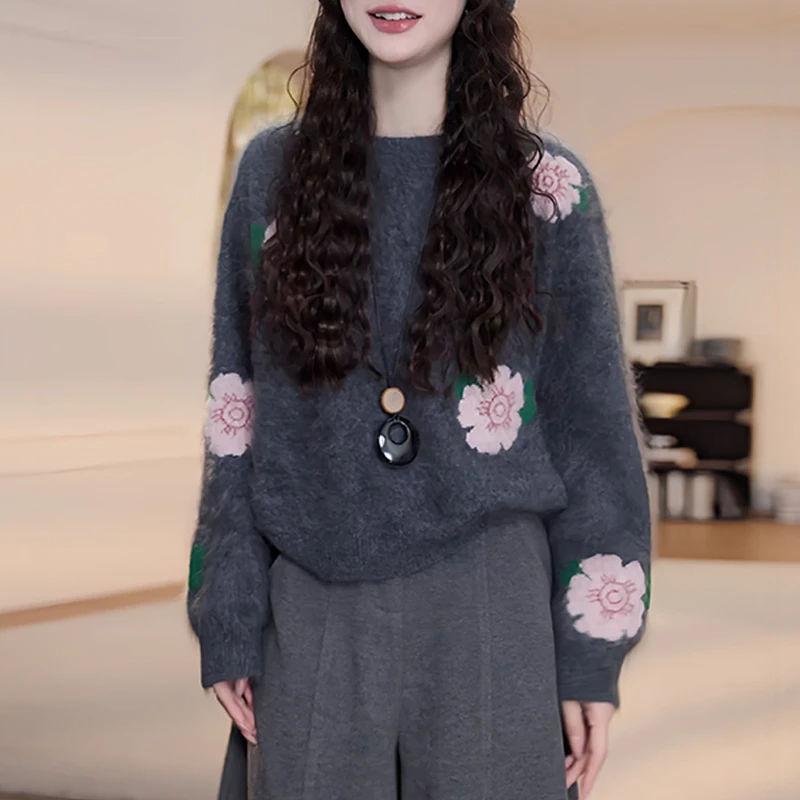 霖优【琉璃夫人】圆领套头花朵毛衣女秋冬季新款慵懒风长袖针织衫女