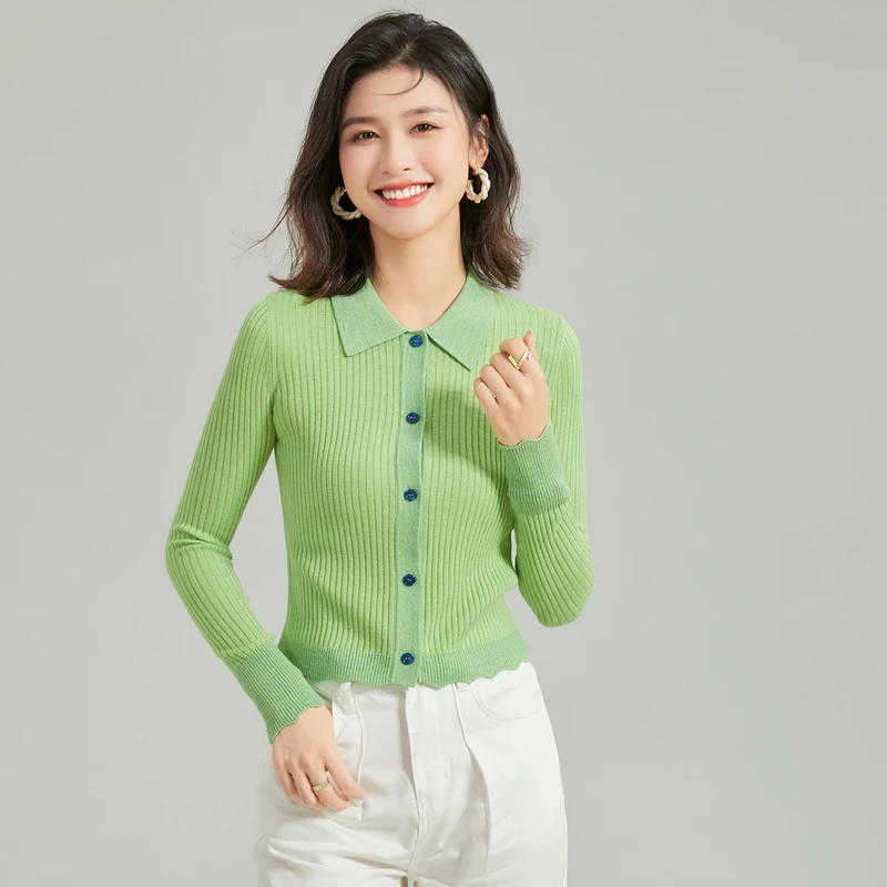 金菊【含绵羊毛桑蚕丝短款毛衣】翻领纯色女式外套针织衫W8A72021