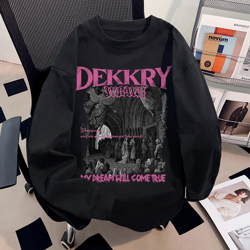 Dekkry潮流高街字母印花秋冬纯棉长袖t恤男女款oversize百搭上衣