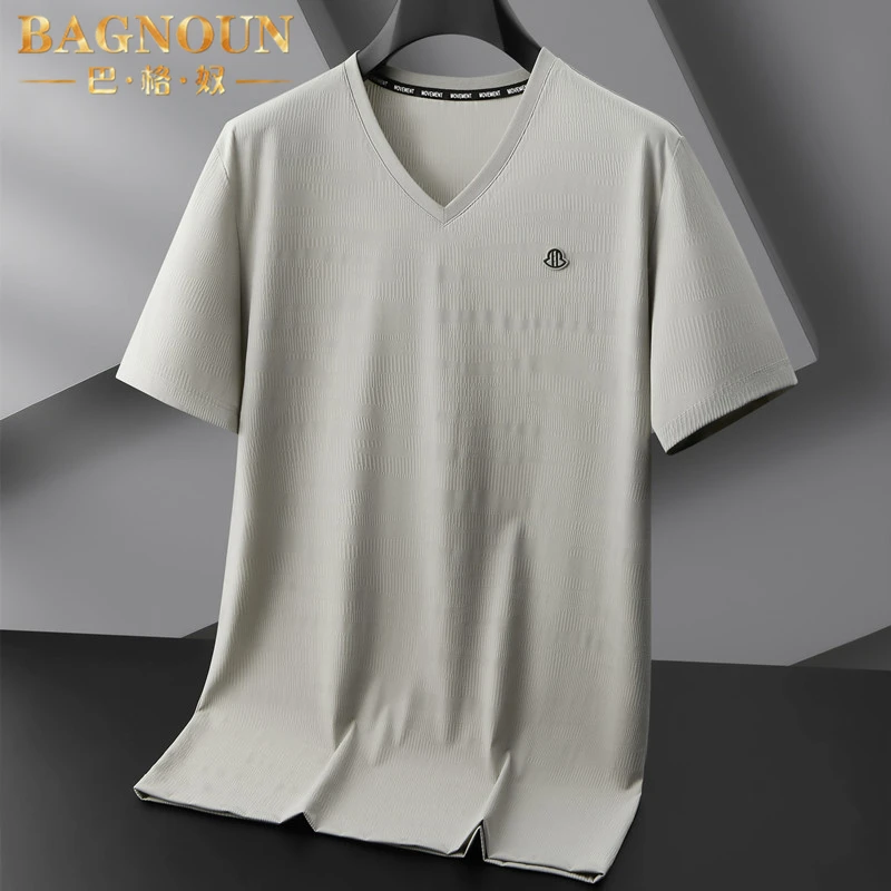 巴格奴短袖T恤男士夏季新款时尚高端薄款冰丝V领中年大码休闲上衣