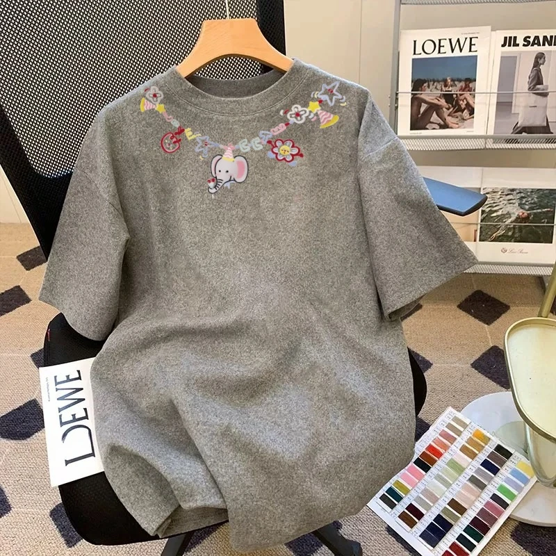 240斤大码韩国卡通磨毛加厚短袖女2025新款春秋季宽松胖妹妹T恤衫