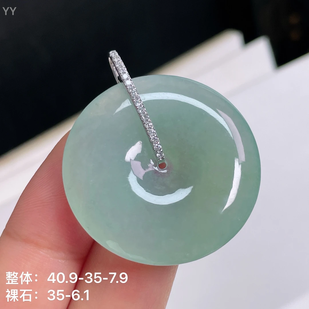 冰糯种镶嵌镶金缅甸翡翠平安扣吊坠项链挂件