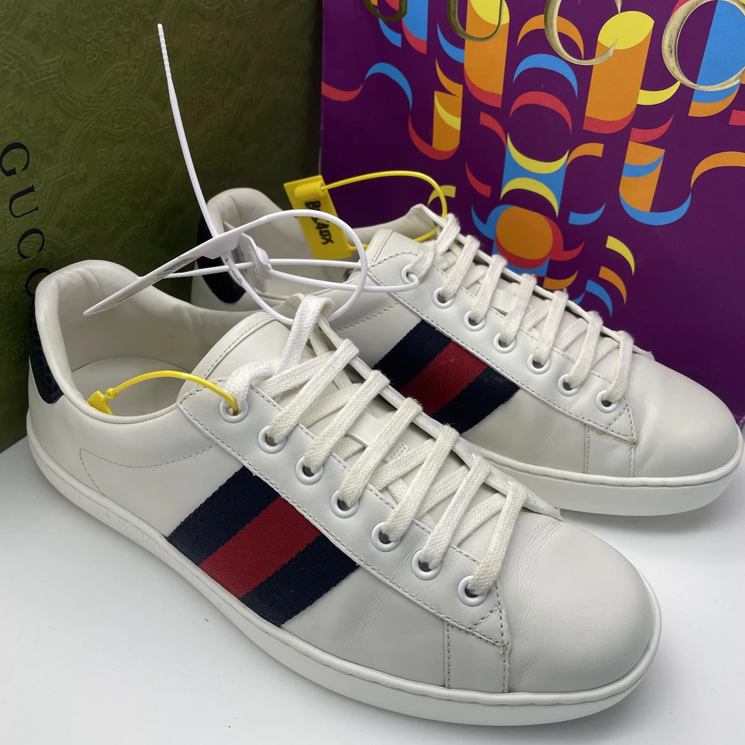 95新 GUCCI/古驰 38/40欧码/红蓝织带经典板鞋舒适男款小白鞋