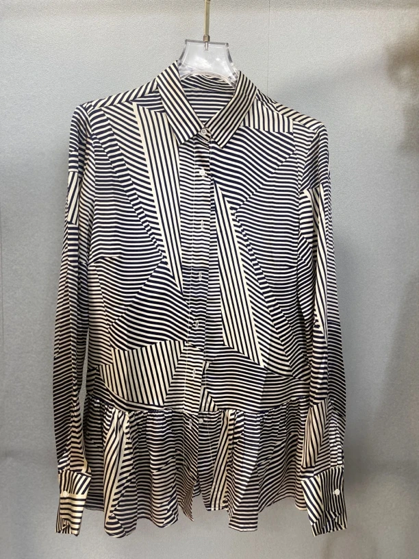 真丝翻领印花长袖衬衫简约设计春夏薄款衬衣女