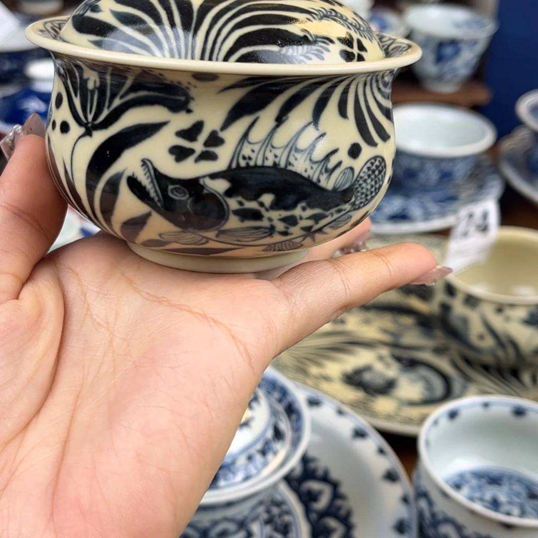 ₯**夏微瑕鱼藻盖碗二号釉