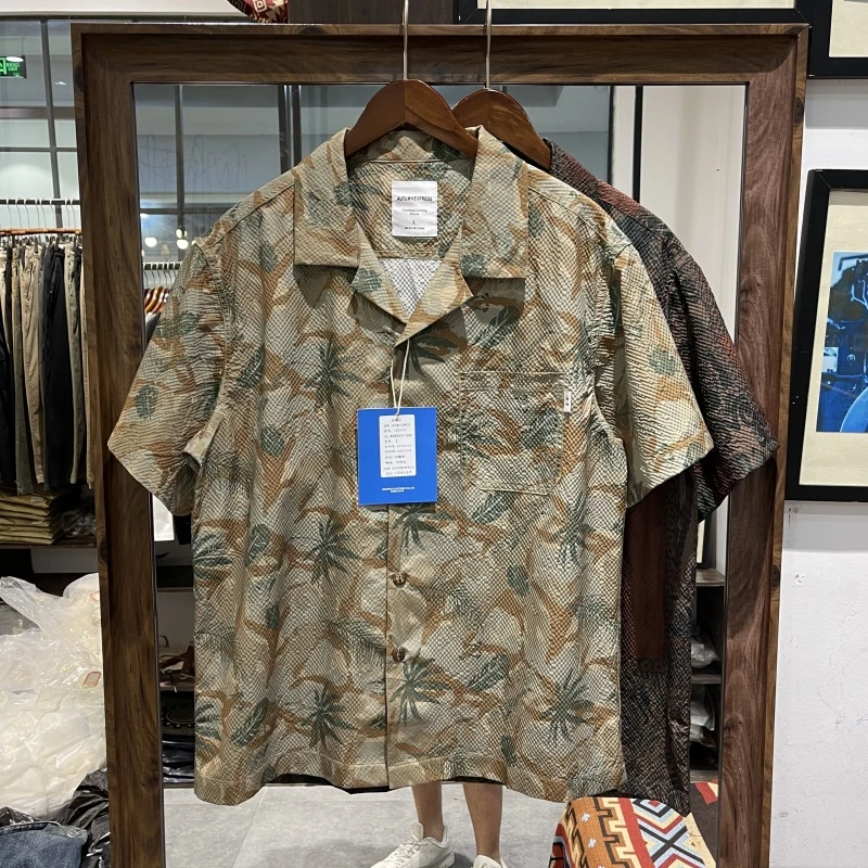 港风复古泡泡纱印花短袖衬衫男夏季宽松古巴领花衬衣男衬衫